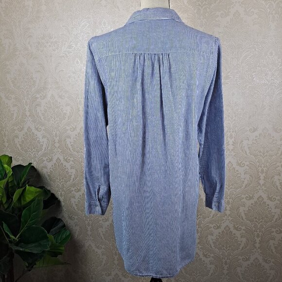 For Cynthia Sz Medium Blue White Striped Tunic Long Sleeve Roll Tab Split V-neck - Picture 9 of 15